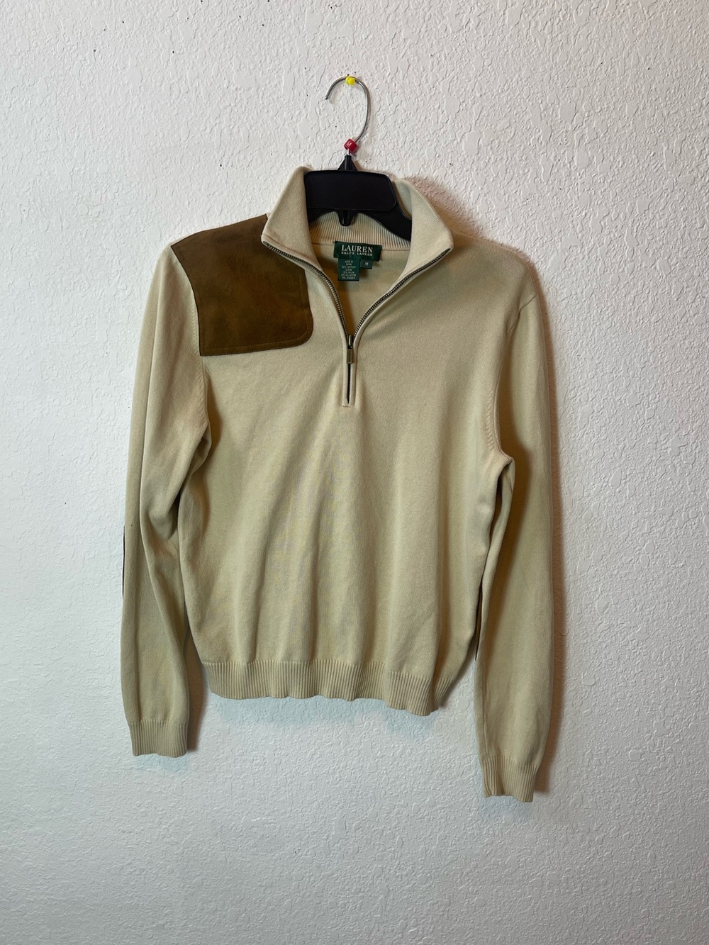 Lauren Ralph Lauren Cream Half-Zip Sweater with Brown Shoulder Patch Accent